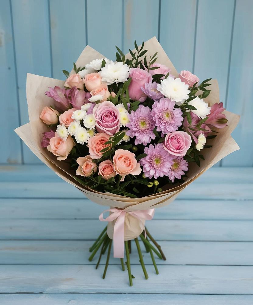 Букет цветов из: Хризантемы, Розы и Альстромерии в Песках Воронежской области
