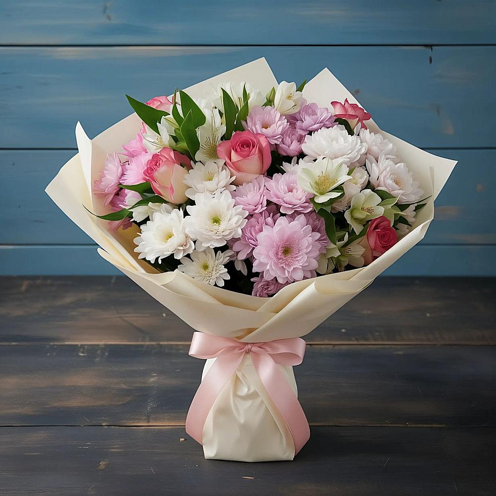 Букет цветов из: Хризантемы, Альстромерии и Розы в Песках Воронежской области